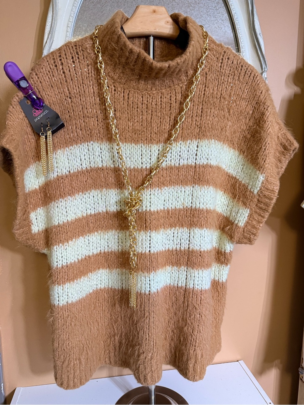 Pilcro Striped Short-Sleeve Turtleneck Sweater in Brown & Cream